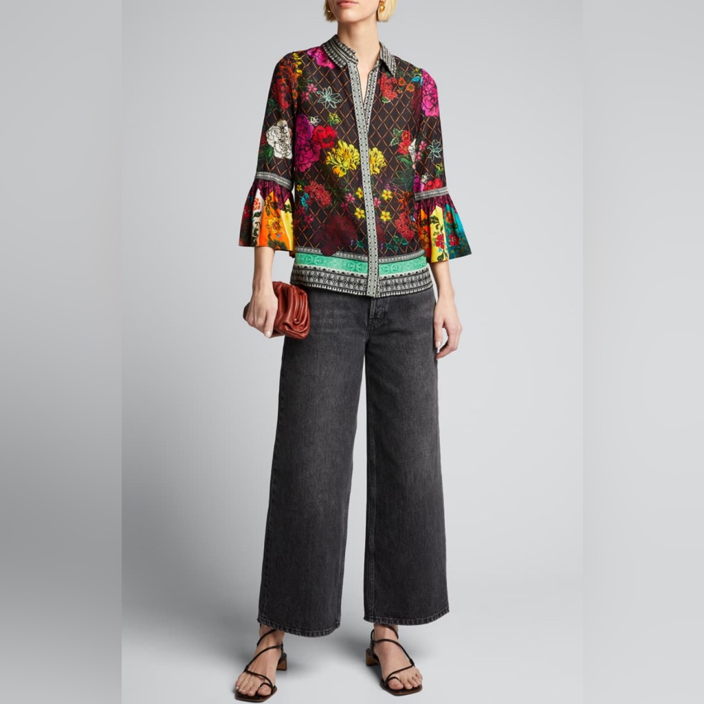 Alice + Olivia Rivera Ruffle-Sleeve Button-Down Cotton/Silk Top.
